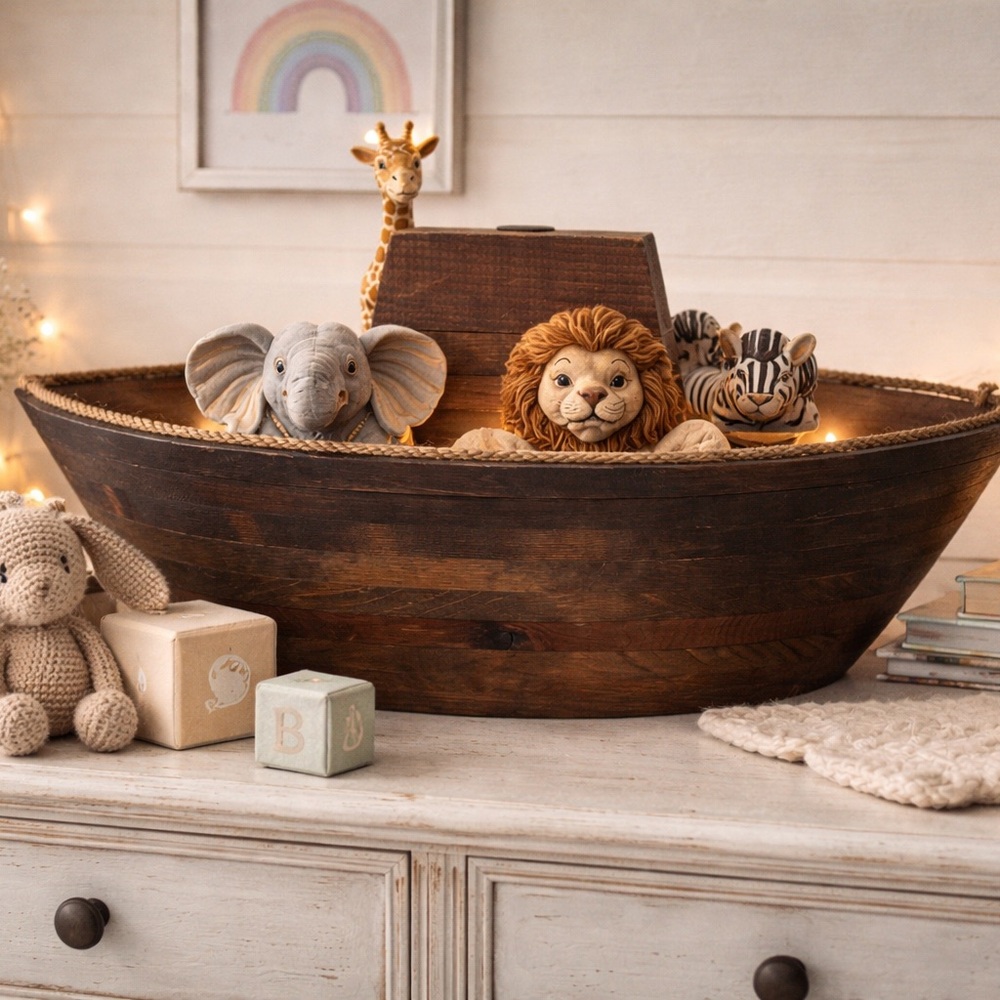 Vtg Wooden Noah’s Ark Display Boat, Rustic Farmhouse Entertaining Centerpiece